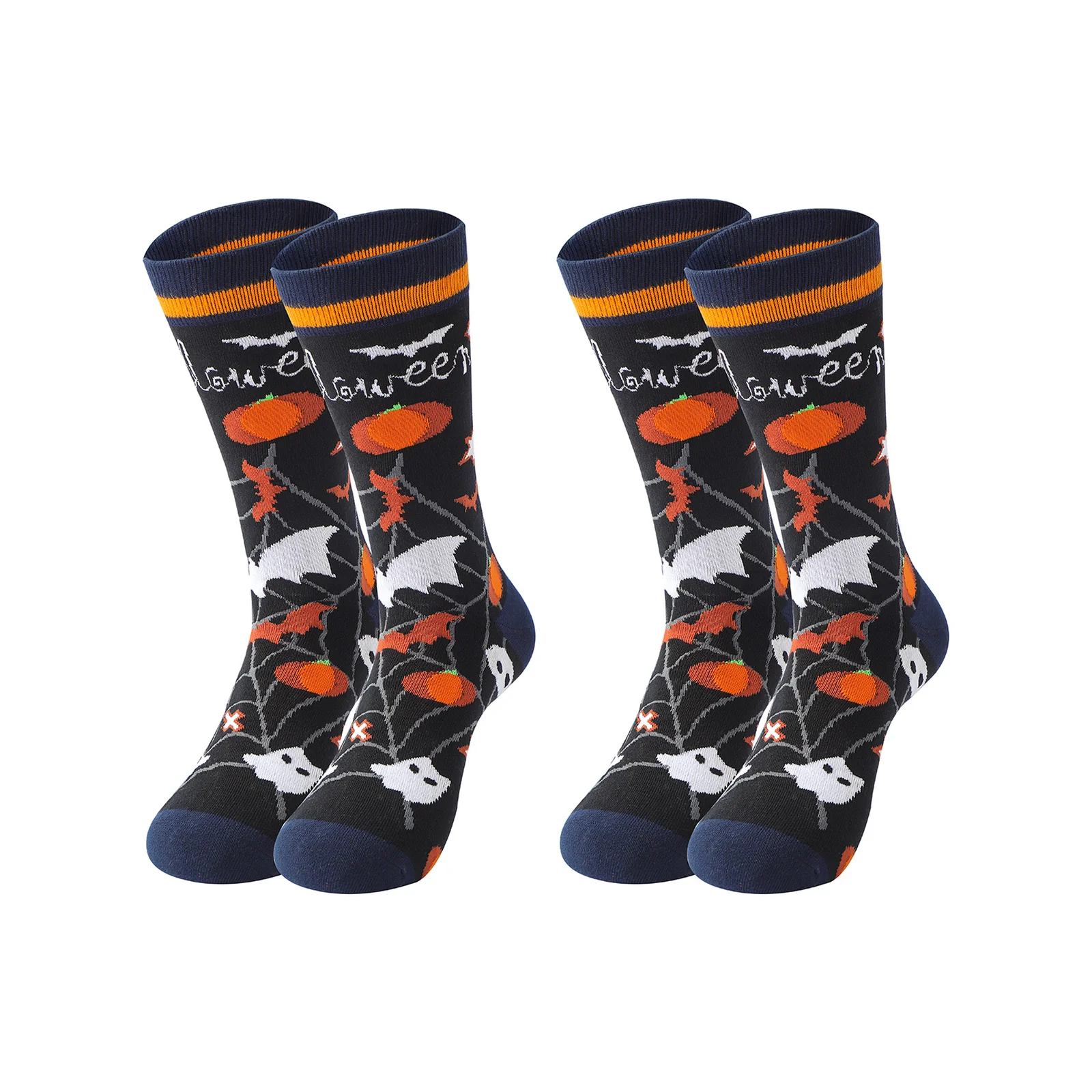 4 pairs of pumpkin skull printed Khmer mid-calf socks set (black/grey/orange/navy blue)
