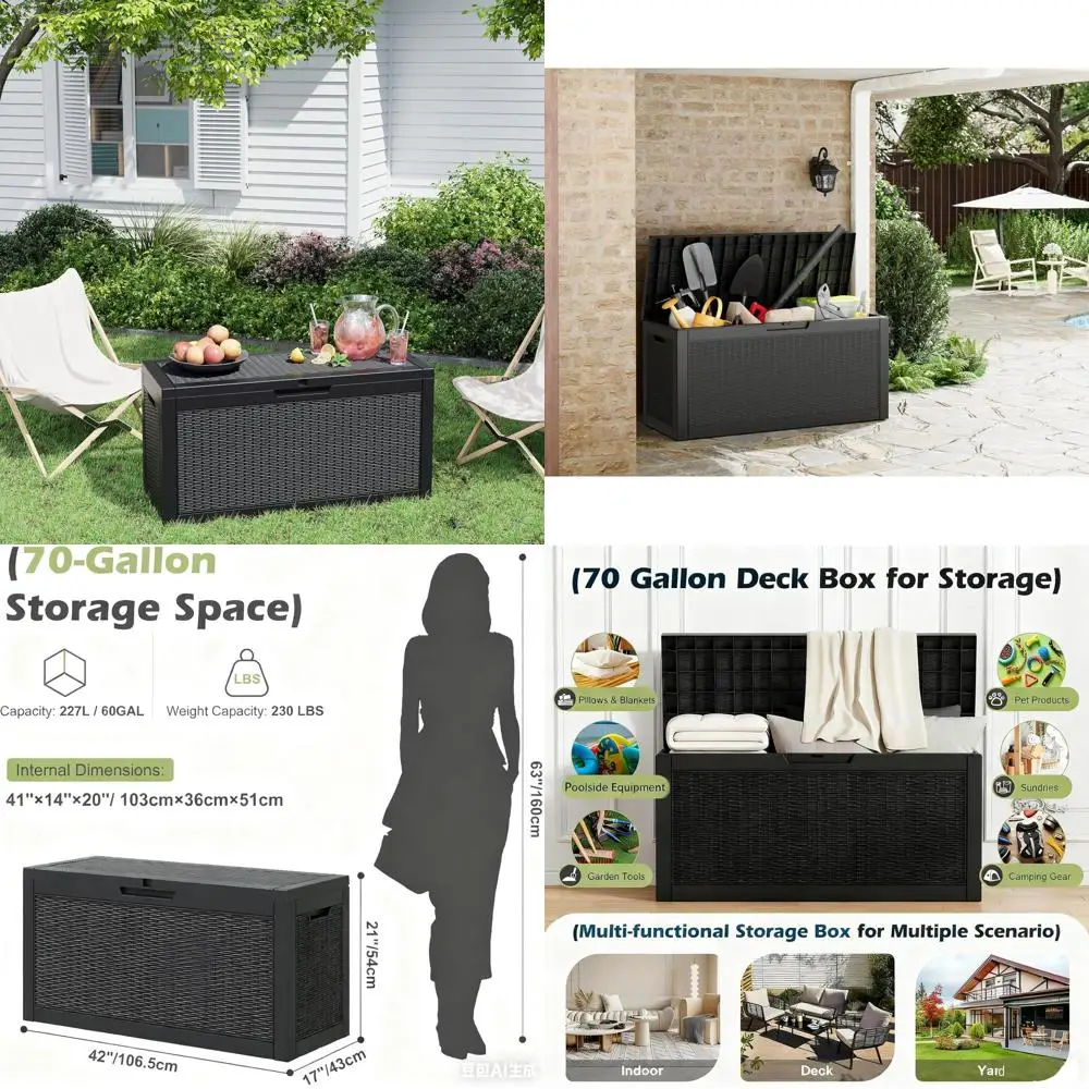 

70 Gallon Waterproof Outdoor Storage Box with Lockable Lid - Black, Suitable for Indoor and Outdoor Use