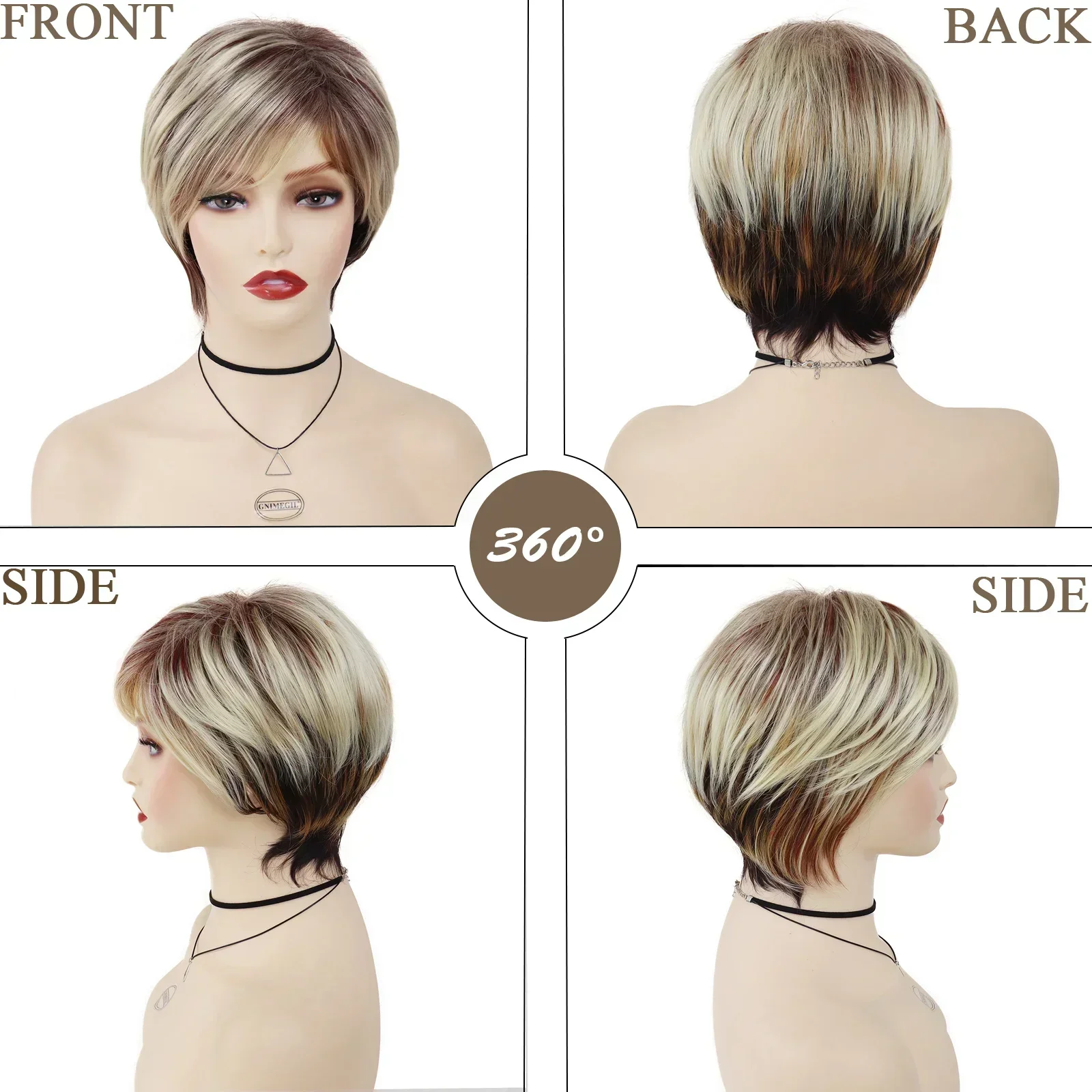 Synthetic Short Blonde Wigs for White Women Brown Mixed Brown Natural Wig with Bang Short Pixie Cuts Mommy Wig Elderly Mother