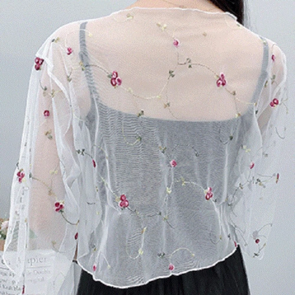 Embroidery Chiffon Small Shawl Jacket Flower Knot Chiffon Cardigan Shirt Beachwear Long-sleeved Sun Protection Cardigan Tops