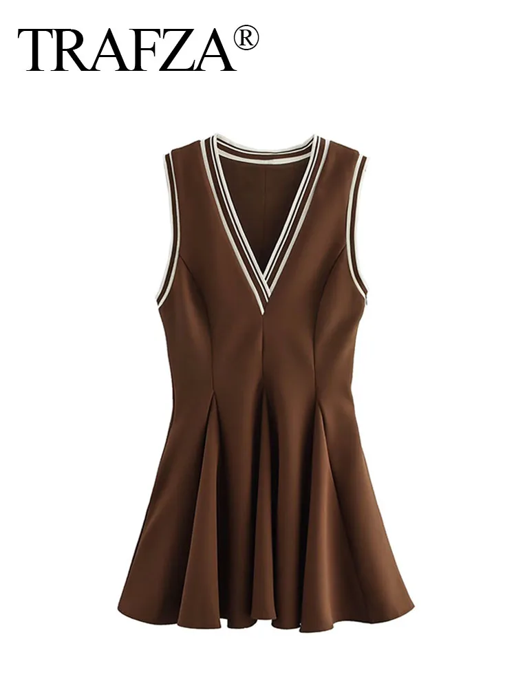 

TRAFZA Women's Summer Holiday Style Slim Sheath Dresses Brown V-Neck Side Zipper Dress Female New Fashion Sleeveless Dresses