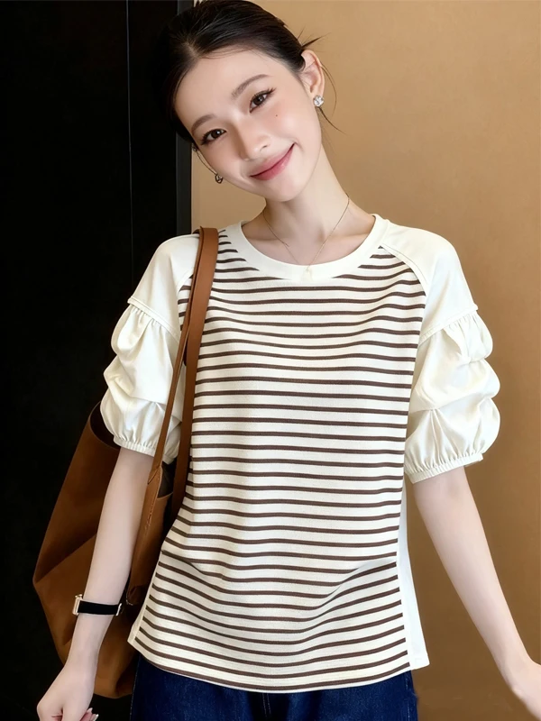 

Fenshixuan Women's Stripe Short Sleeve T-shirt Lantern Sleeve Slimming Casual Style Overhead Spring Summer New Fashion