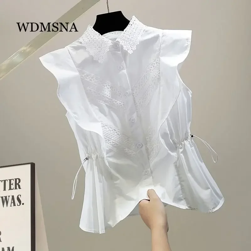 

Hollow Out Lace Blouse Women Stitching Drawstring Slim Waist Blusas Ruffled Sleeveless Shirt Women Fashion Striped Vest