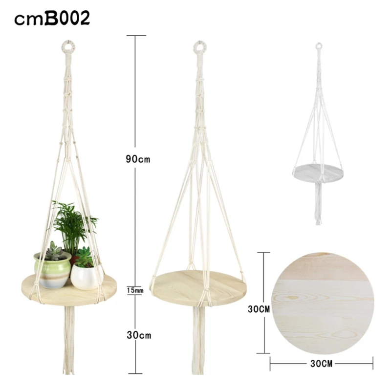 Nordic Macrame Plant Hanger with Round Wooden Plate Tray Woven Tassels Indoor Hanging Planter Shelf Flower Pot Holder