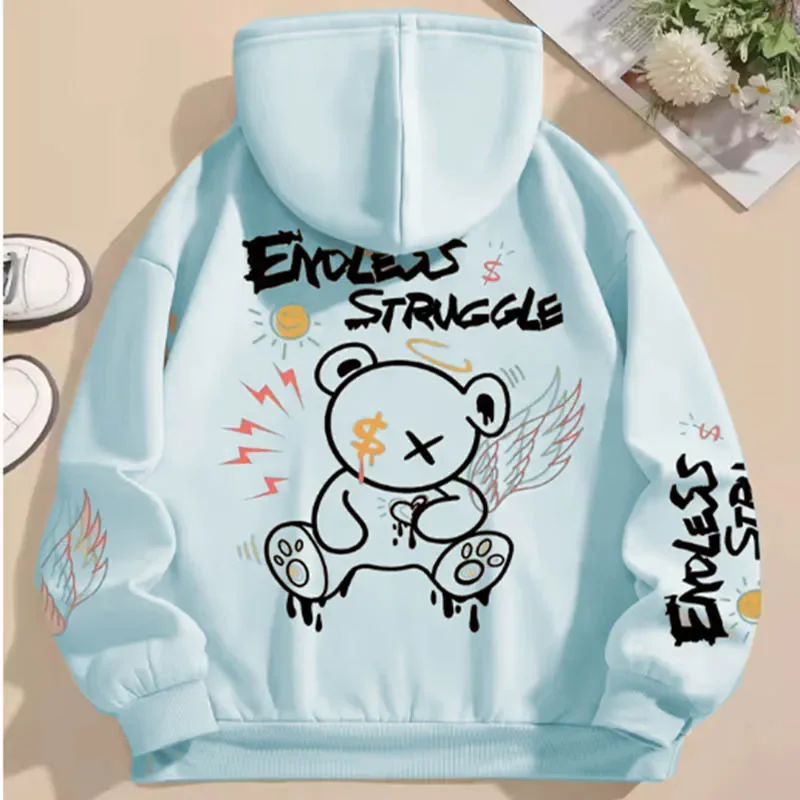 Street men's and women's sweatshirts endless struggle graffiti bear printed hoodie loose pullover sweatshirt casual