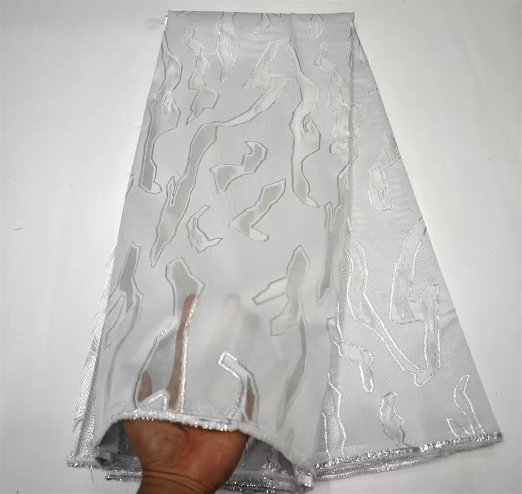 

White African Brocade Jacquard Damask Fabric French Organza Net Nigerian Tulle Mesh Lace Material Brocard Tissu 5 Yard DJO53