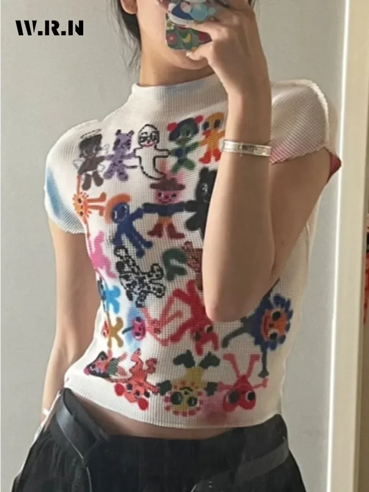2024 Summer Women Coquette Punk Style Sheath Short Sleeve Skinny T-shirt Sexy Casual Hotsweet Slim Fit Print Club Tees Top