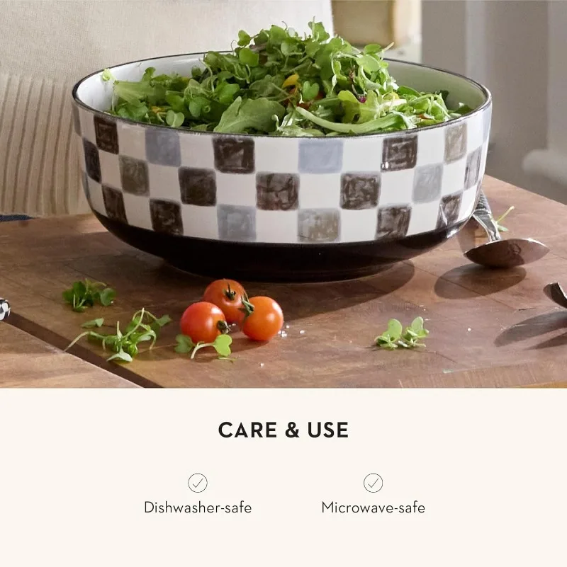 وعاء تقديم من الخزف الحجري مكون من 14 كوبًا، وعاء مزرعة كبير مزخرف للمطبخ، والسلطة، والمعكرونة، والفواكه، وعاء سيراميك، ونمط فحص أسود