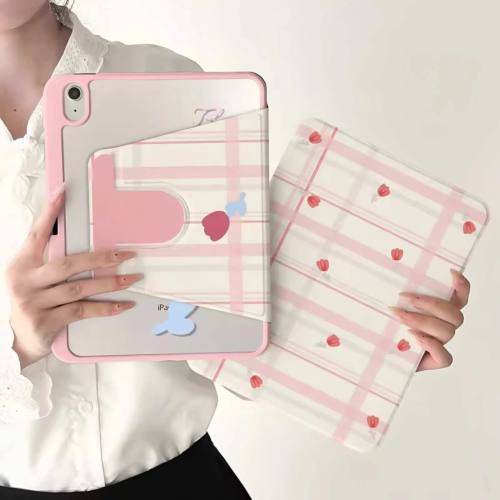 Sweet Pink Grid Floral Y2K 360° Rotation Cover For iPad Pro 13 11th M5 M4 12.9 A16 10 8 7 9th 10th Air 11 M2 M3 Mini Tablet Case