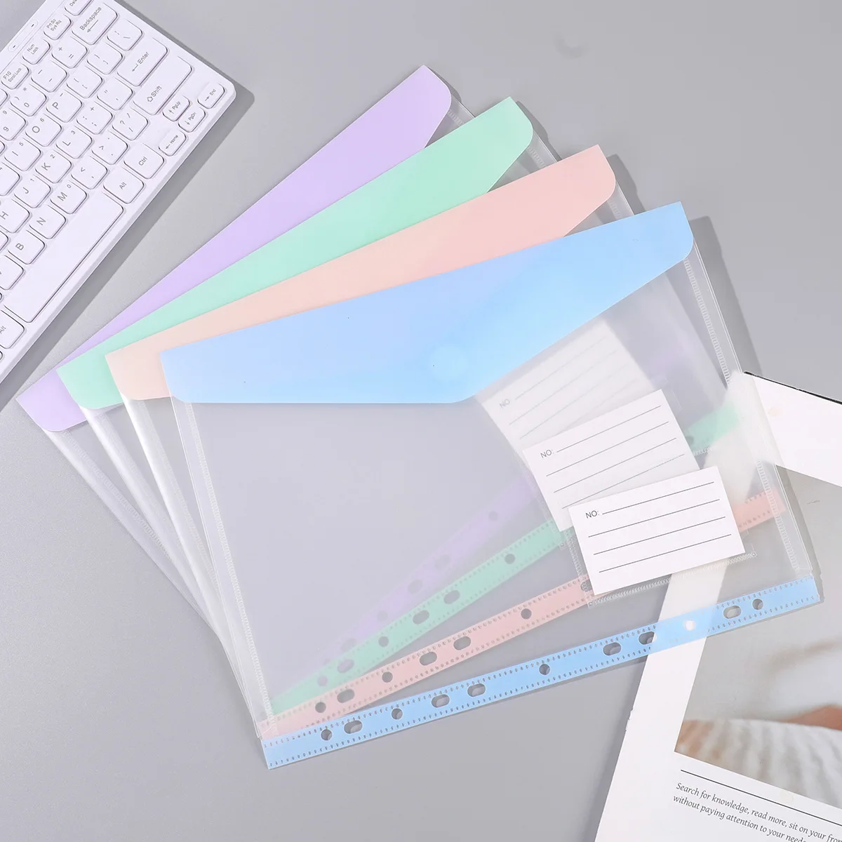 8Pcs 11-Hole Transparent Binder Pockets Snap Closure Plastic File Pouches Side Opening Document Folder for 2/3/4 Ring Binder A4