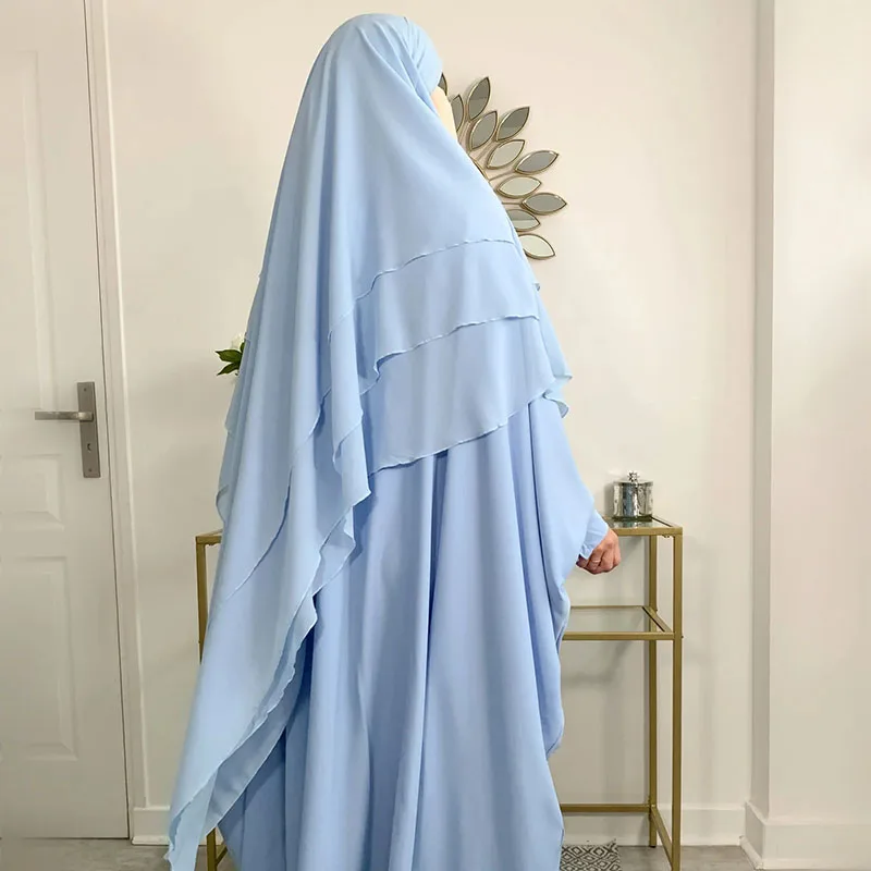 Três Camadas Chiffon Khimar com Cordas Niqab para Mulheres Muçulmanas, Vestuário de Oração Islâmica, Longo Hijab, Alta Qualidade, EID, Ramadã,