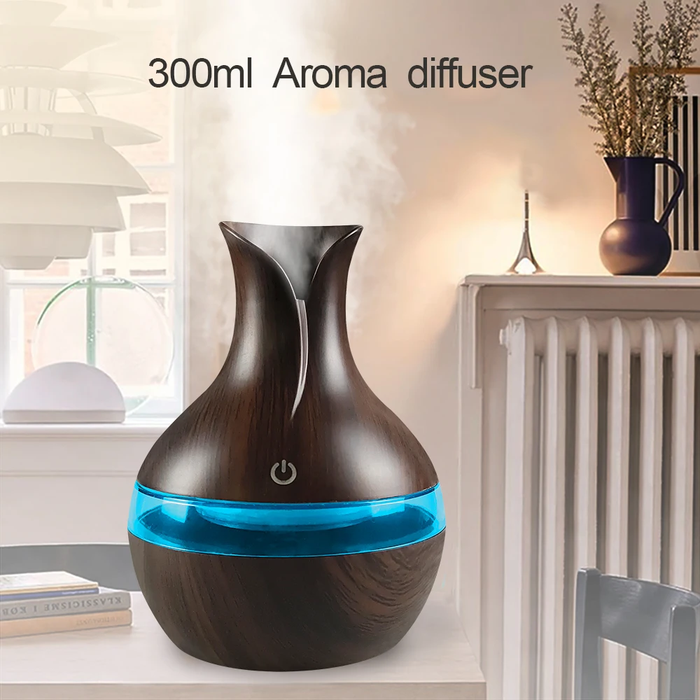 Drewniany nawilżacz powietrza dyfuzor 300ml, USB dyfuzor olejków eterycznych do aromaterapii do sypialni, biura, pokoju dziecięcego, zestaw upominkowy z 2 relaksującymi