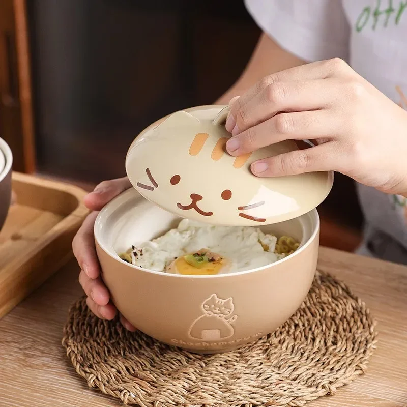 Creative Ceramic Soup Bowl Cute Cartoon Animals with Lid Cat Bowl Household Instant Noodles Bowl Rice Bowl Tableware