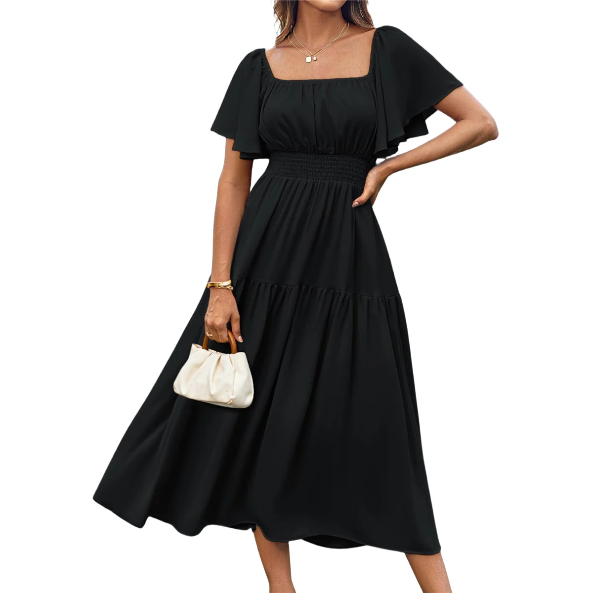 

Women'S Summer Short Sleeve Square Neck Smocked Waist Casual Vacation Tiered Flowy Maxi Dress Black XXL