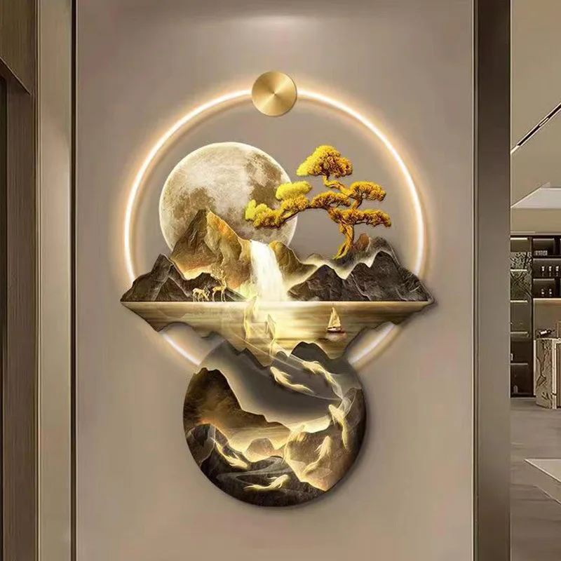 &c Wholesale Ginkgo Leaf Moose Landscape Decorative Painting Modern Luxury Acrylic LED Living Room Entrance Wall Painting