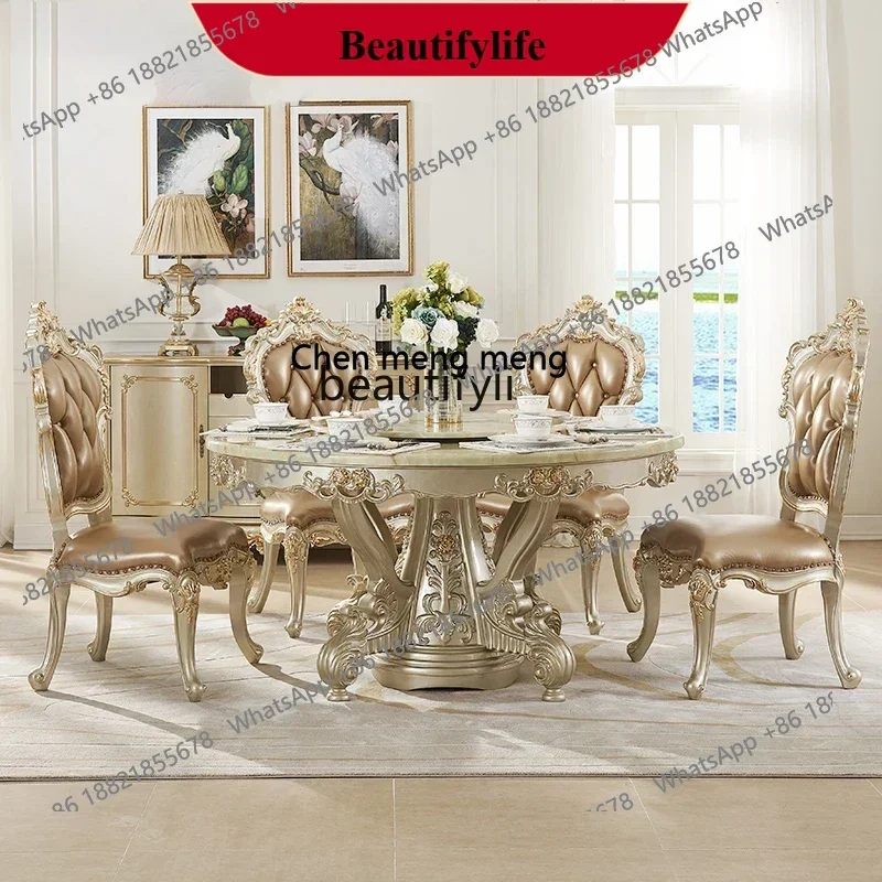 z183  European marble dining table, golden round table, all solid wood dining table, luxury dining table and chairs with turn