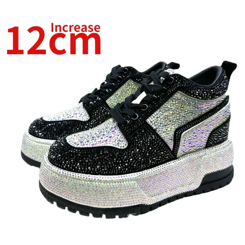 European/American 12cm Increased Shoes for Women Genuine Leather Thick Platform Shoe Invisible Increasing Rhinestone Dad's Shoes