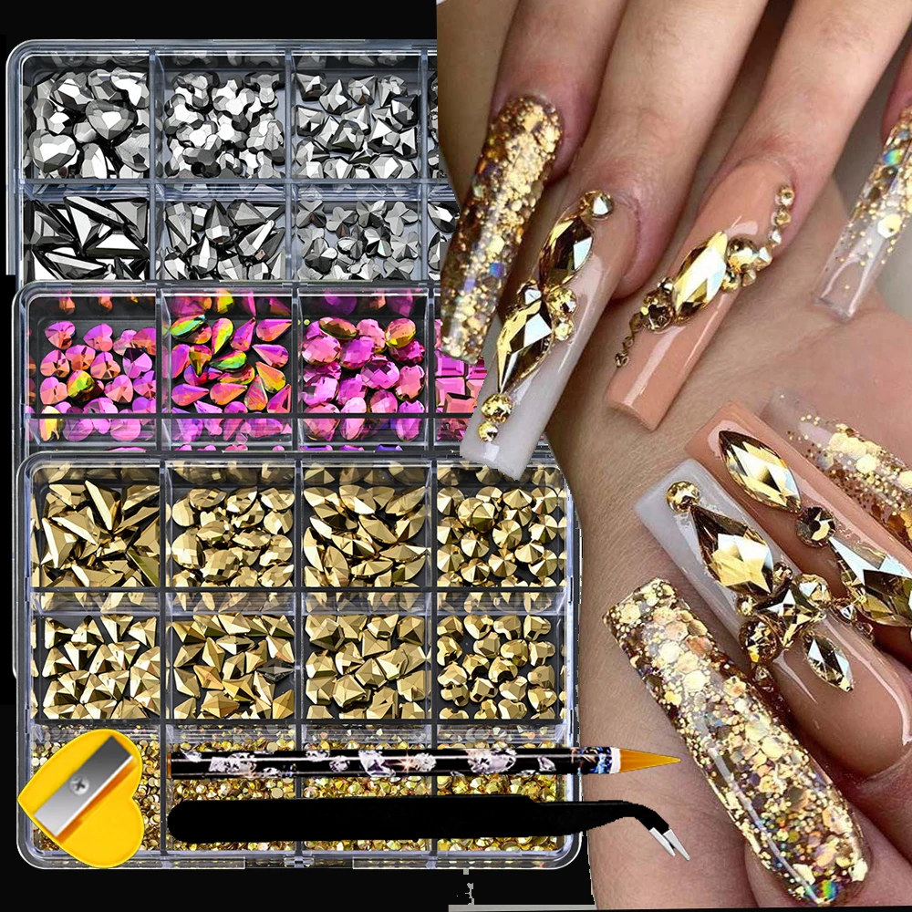 12Grid(1000pcs)Champagne Gold Luxury Crystal Nail Rhinestone Mixed-Design Water-Drop/Heart/Round Diamond DIY Manicure Stone