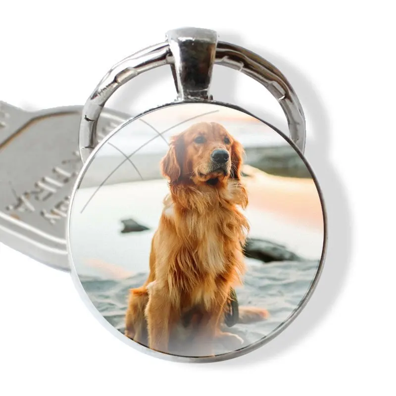 cute Golden Retriever Keychain Handmade Glass Cabochon Key Ring Holder Pendant Key Chains