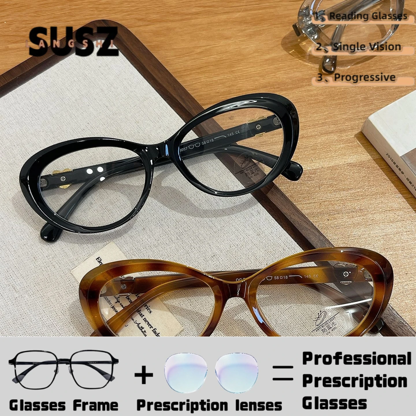 LS-SUSZ Fashion Women Cat Eye For ReadingGlasses Anti Blue Light  Myopia Hyperopia Customizable Prescription Computer Eyeglasses