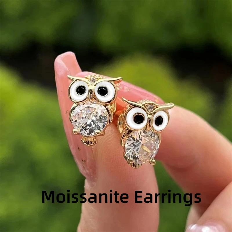 

925 Sterling Silver 2CT D Color Moissanite Cute Owl Stud Earrings for Women Simple Animal Ear Pin Wedding Jewelry Wholesale
