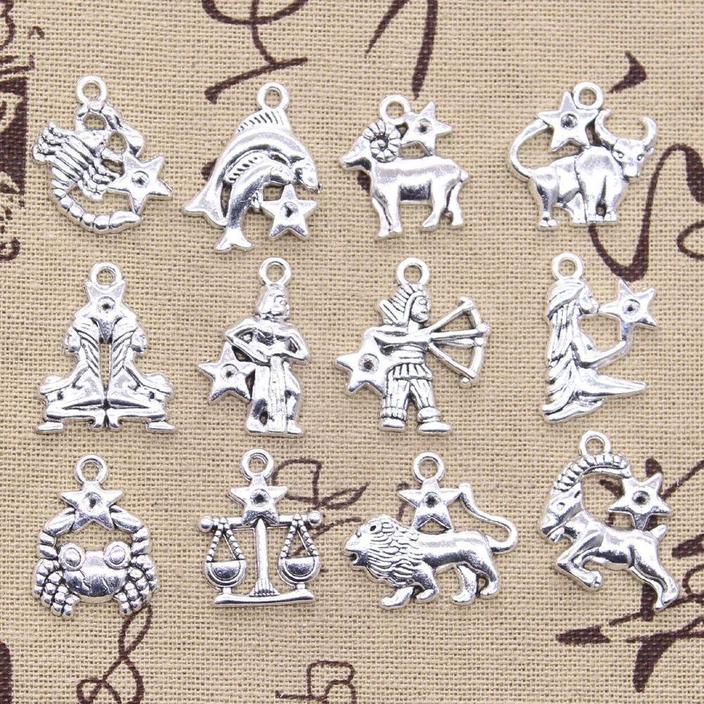 12 sztuk Charms zodiak Koziorożec Wodnik Baran Rak Lew Waga Byk Skorpion Strzelec Vigro Gemini Ryby DIY antyczny wisiorek