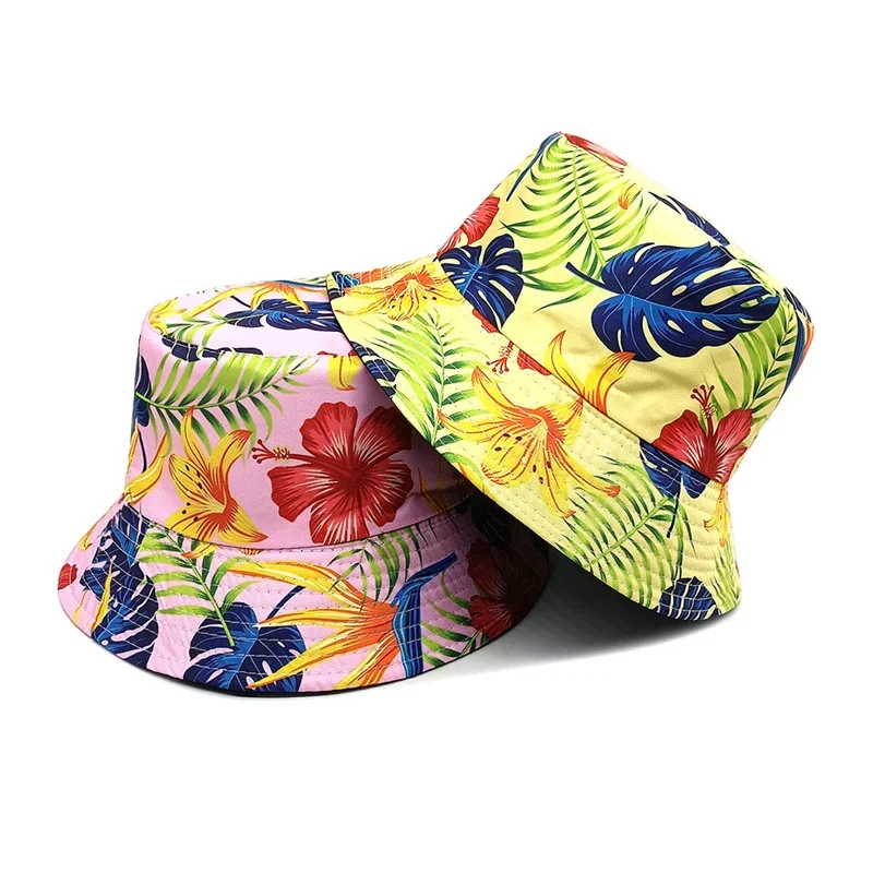 Four Seasons Polyester Cartoon Flower Print Bucket Hat Fisherman Hat Outdoor Travel Sun Cap for Men and Women