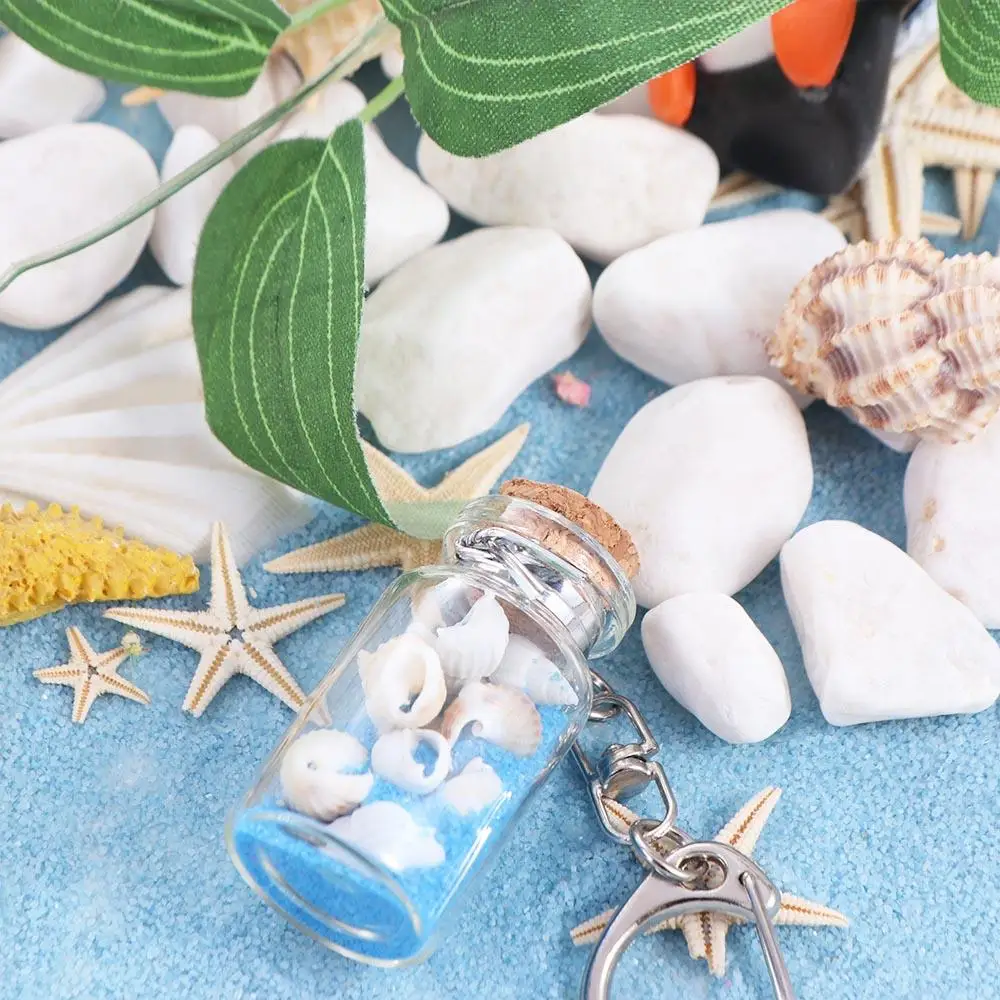 Sea Sand Drifting Bottle Keyring with Cork Shell Drifting Bottle Keychain Conch Wishing Bottle Beach Style Keychain Girls Gifts