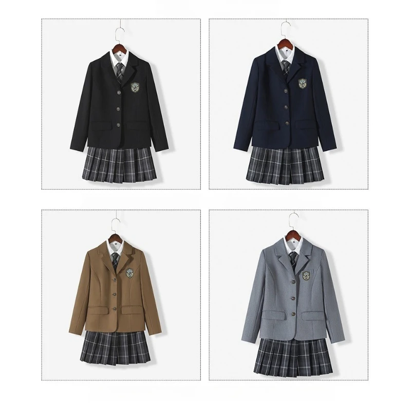 Women Japanese JK Uniform Suit, Preppy Blazer Jacket Plaid Pleated Skirt Set, School Uniforms for Adult Girls Autumn Winter Wear