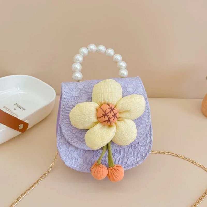 Pink Purple Blue Green White Cute Mini Flower Pearl Crossbody Bag for Girls Little Princess Top Handle Shoulder Coin Phone Purse