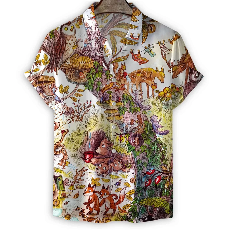 Fairy Tale Squirrel Bird Hawaiian Shirt Men Summer 3d Print Cartoon Painting Short Sleeves Shirts Harajuku Street Loose Blouse image 4