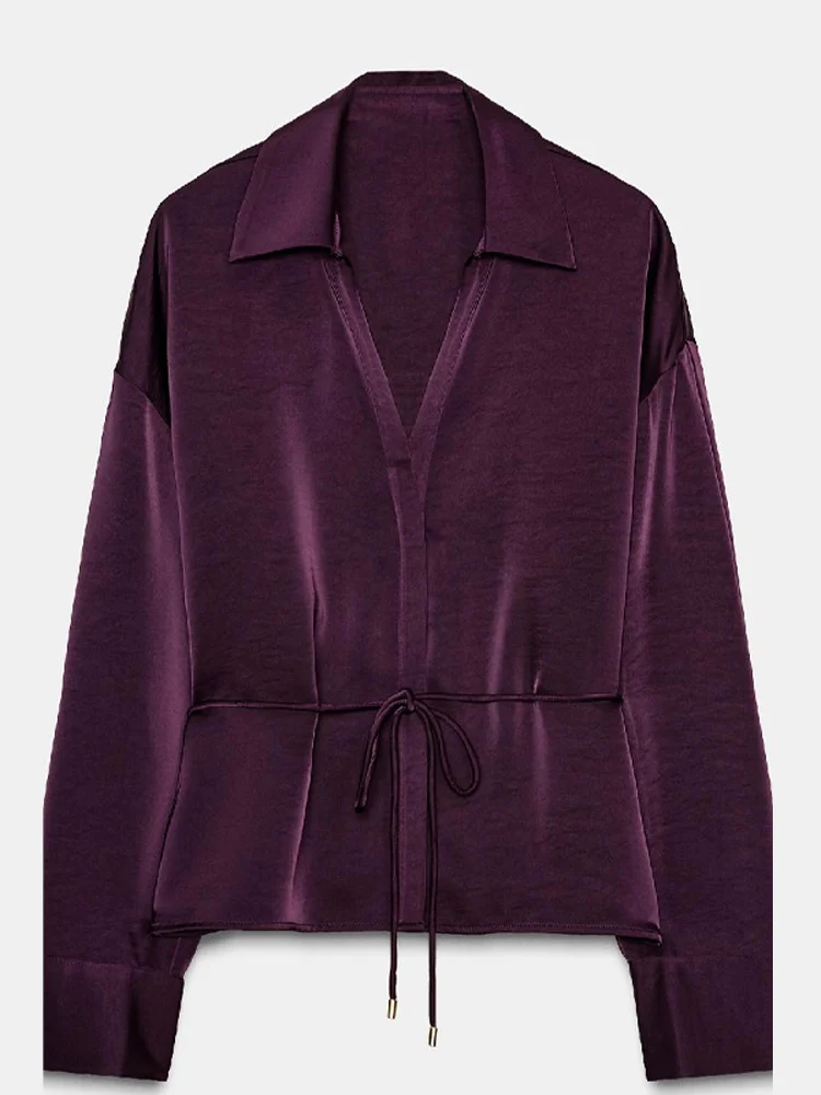 Zaza Slim Waist Satin Shirt Lapel Long Sleeve Lace Up Top Solid Vintage Blouse Commuter Office Tops 2025 New Lady Fashion Tops