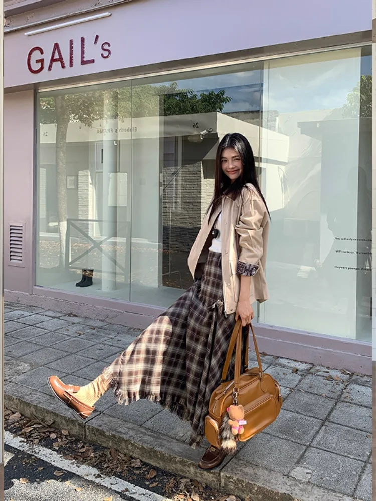 

Клетчатое пальто цвета хаки, осень-зима, клетчатая юбка средней длины в американском стиле ретро с кисточками, женский модный комплект, винтажный Sle