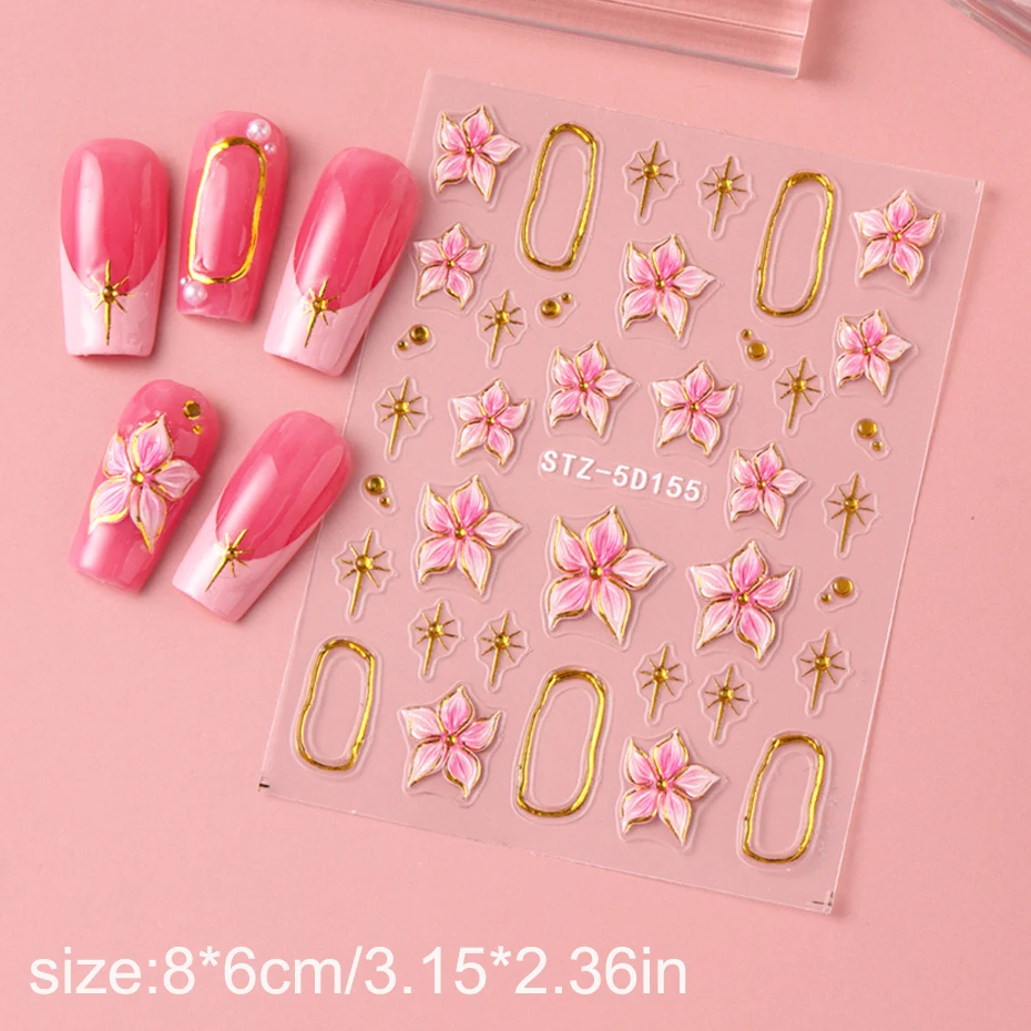 2 uds flor de hibisco en relieve pegatina artística para uñas flor rosa con anillo de Metal dorado encanto calcomanías autoadhesivas decoración de manicura