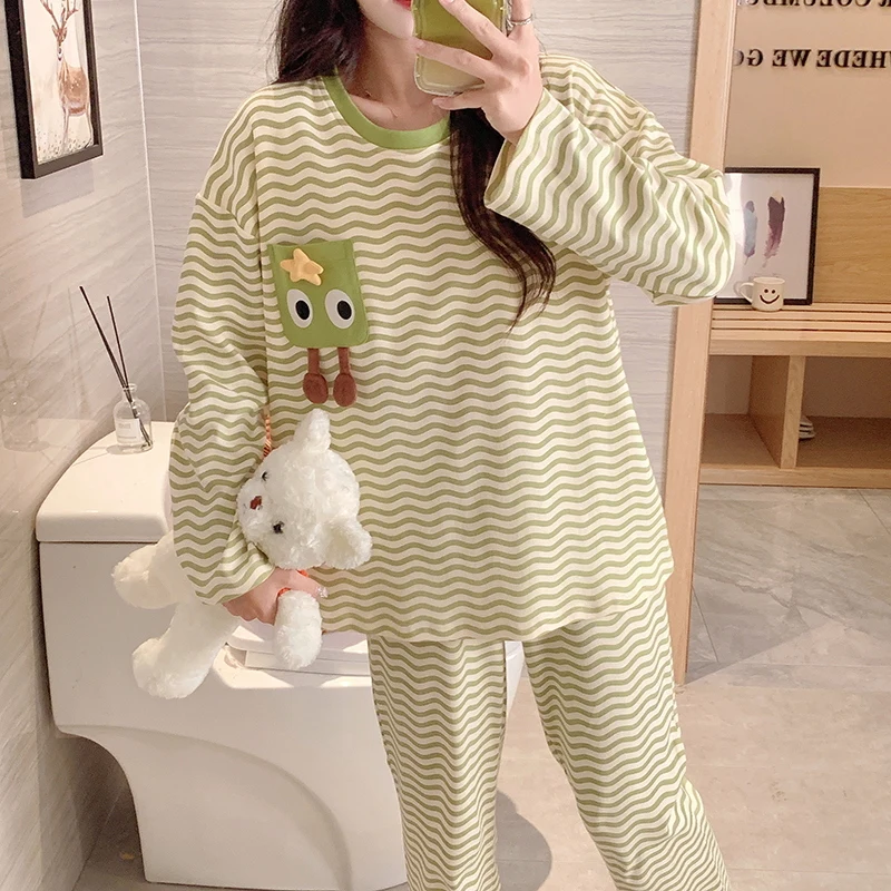 Stripe Green Pajama Set Women Cute Casual Sleepwear Long Sleeves Long Pants Autumn Winter Girls Pyjamas Soft Cozy Pijamas Ladies