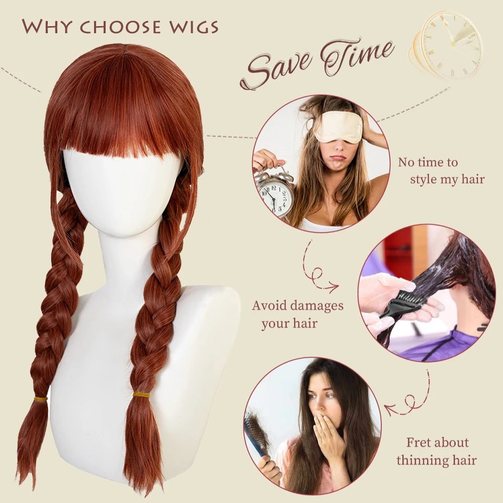 شعر صناعي كوسبلاي من الأربعاء آدامز مع غرة، ضفائر مزدوجة باللونين الأسود والبني، باروكات مناسبة لأداء مرحلة الحفلات اليومية #4