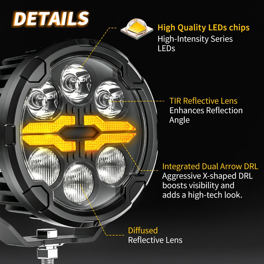 CO LIGHT Luces LED Auxiliares para Motocicleta de 4.5 Pulgadas, Regulables, Multimodo, Ajustables, con Luz Estroboscópica, Blanca, Ámbar, Halo DRL, Luz Alta y Baja, para Motocicletas Enduro y de Aventura