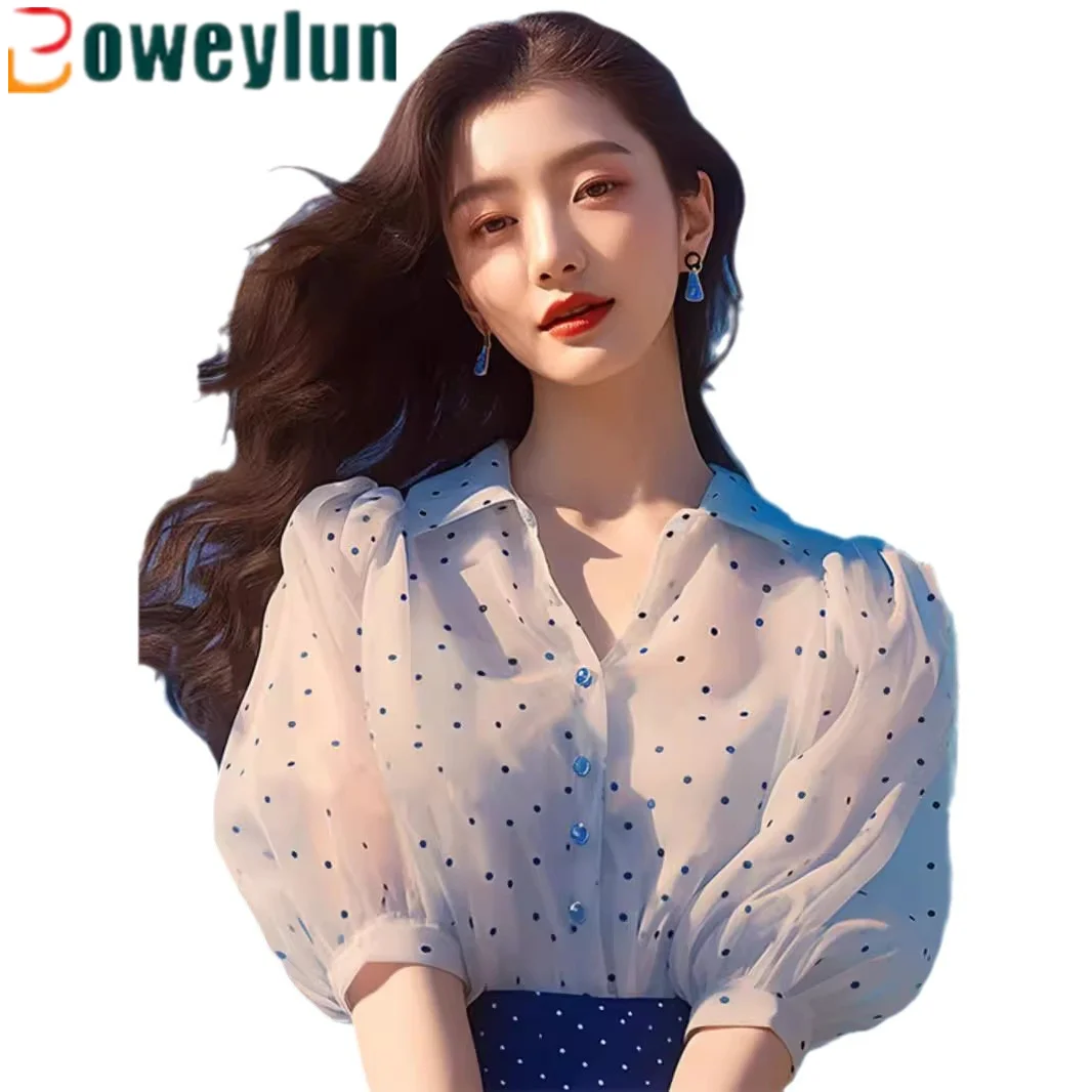 

Boweylun French Blue Polka Dot Short Sleeve Shirt Summer Girls Fashion Casual Five Points Sleeve POLO Collar Top Women