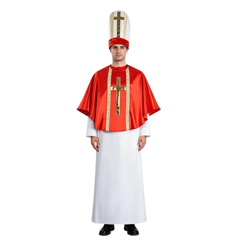 Disfraz de Papa para Hombre, Traje de Sacerdote o Obispo para Adultos, Poncho Rojo, Túnica Blanca con Sombrero, Disfraz de Cosplay de Cardenal Católico para Halloween