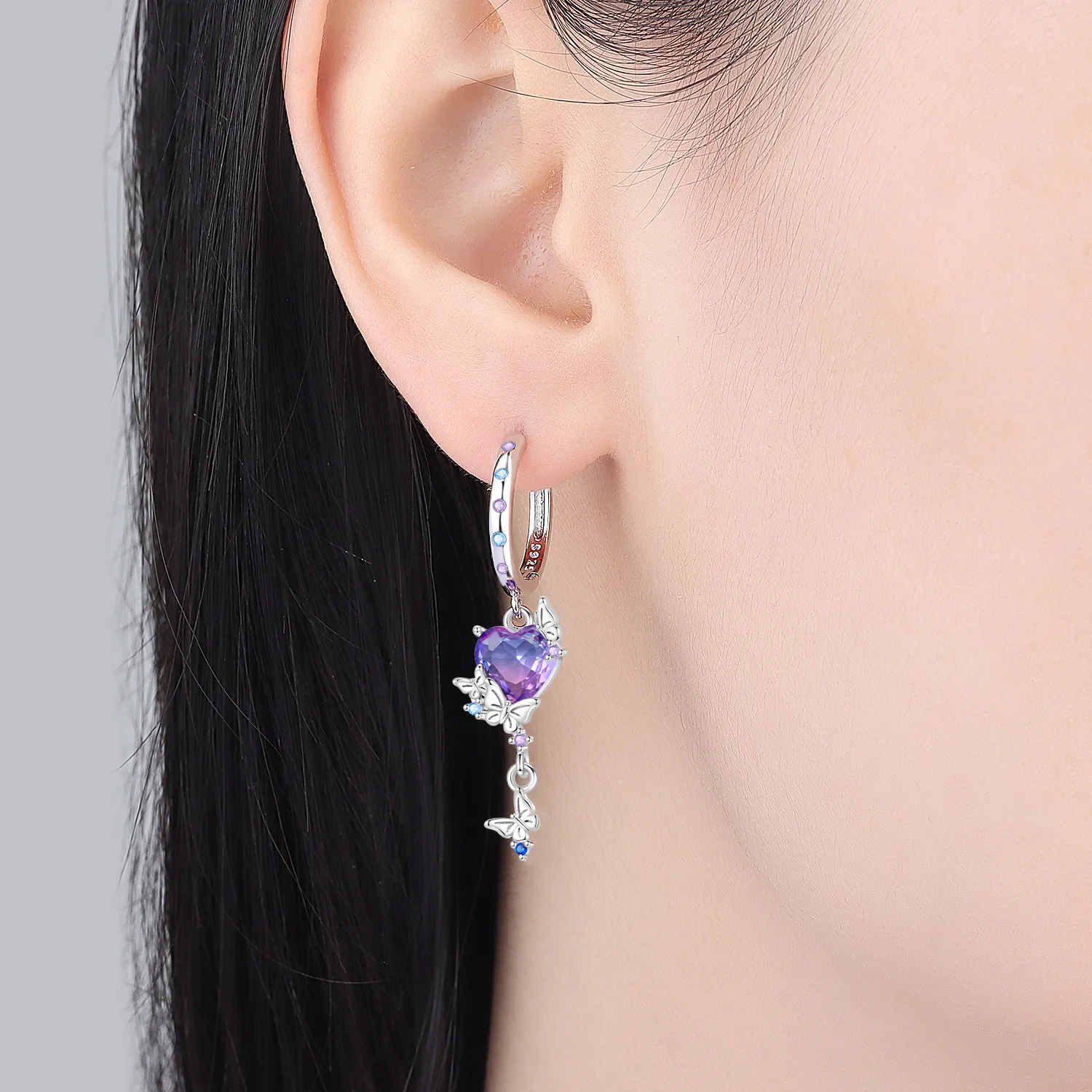 Original 925 Sterling Silber Ohrring, Exquisiter Lila Herzförmiger Ohrring für Frauen, Tägliches Schmuckgeschenk zum Geburtstag oder Valentinstag – Detail 10