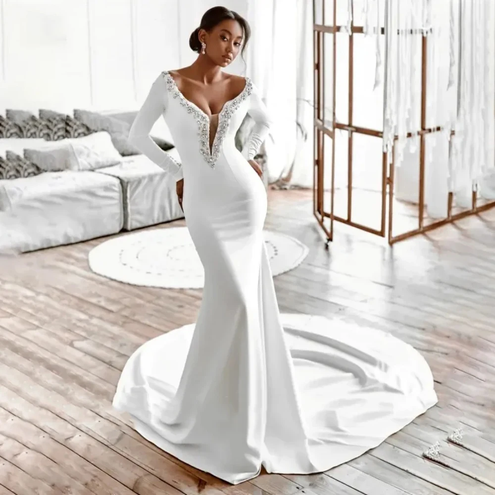 Abiti da sposa da donna con scollo a V profondo maniche lunghe sirena lunghezza lavanti abiti da sposa sexy principessa festa abiti da sposa personalizzati