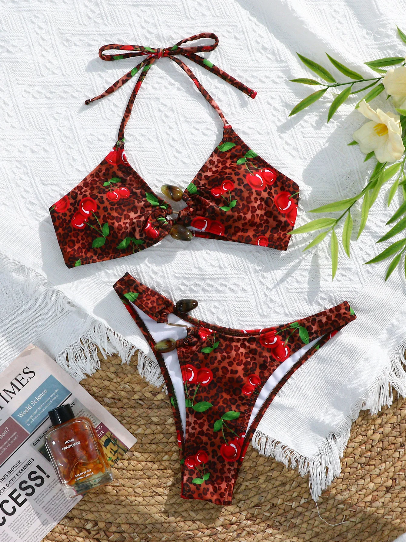sexy leopard cherry print bikinis sets two pieces halter back tie thong swimsuits bathing suit swimwear biquini tankini trikini