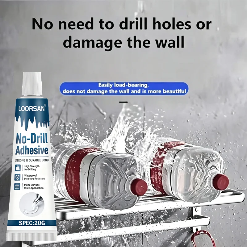 LOORSAN No Nail Glue Strong Adhesive Waterproof Wall Mounting Glue For Hooks Shelves Tile Metal Wood Glass Multi Surface 20G
