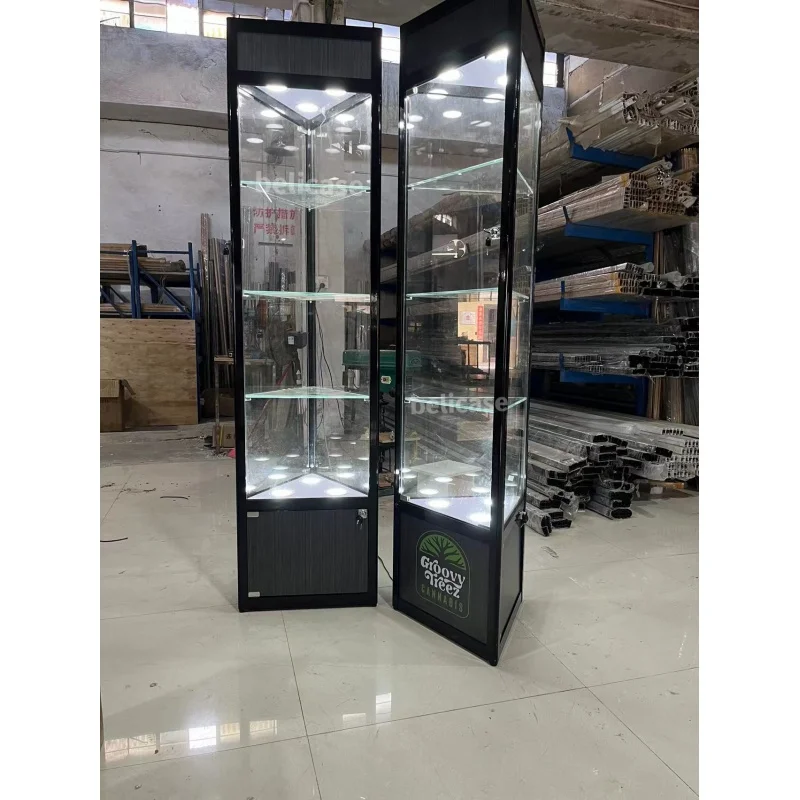 Armoire en verre avec lumières LED, personnalisée, pas cher, meubles de boutique, cadre en aluminium, vitrines d'angle en verre, magasin de fumée