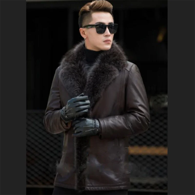 Winter Men Mid-Length Genuine Leather Coat Fur Collar Gentleman Business Warm Jacket Male Thicken Handsome Locomotive Coat