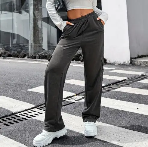 

Versatile Elastic Waistband Knitted Casual Pants with Loose Pockets, Workwear, Women's Sports Sweatpants