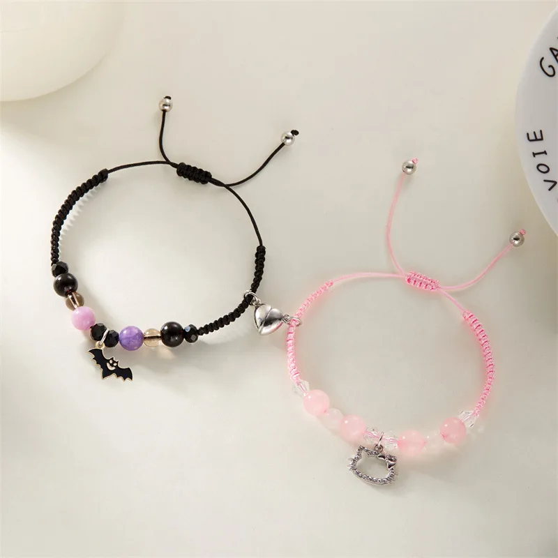 Fashion Spider Kitty Charm Bracelets Rope Heart Magnetic Matching Bracelets for Couple Crystal Beaded Bracelet Halloween Jewelry