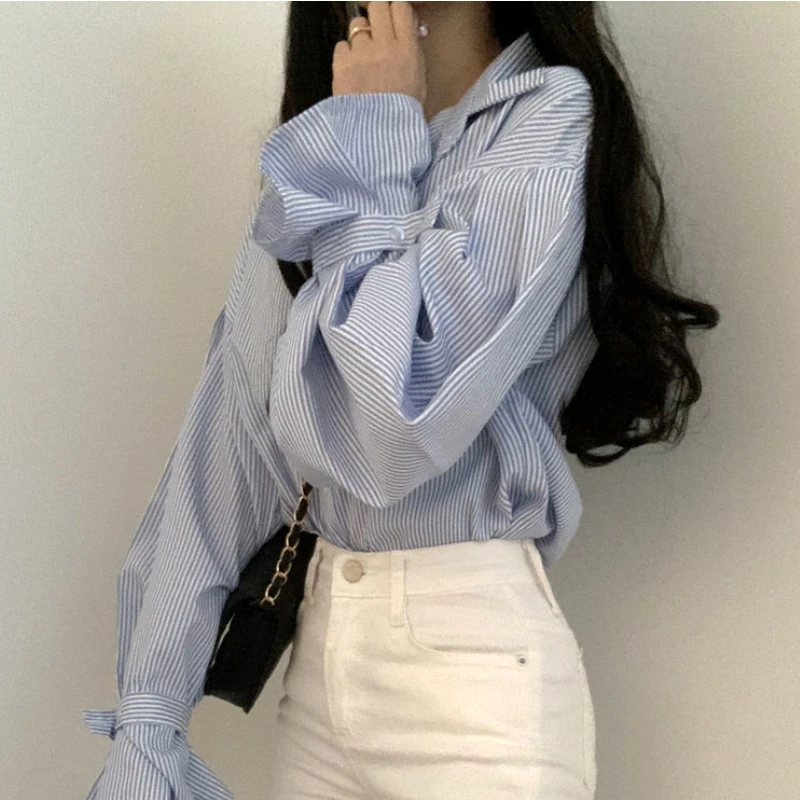 Striped Shirts Women Baggy Office Lady Long Sleeve Aesthetic Clothing Minority Daily Formal Holiday Classic Temper Casual Tender