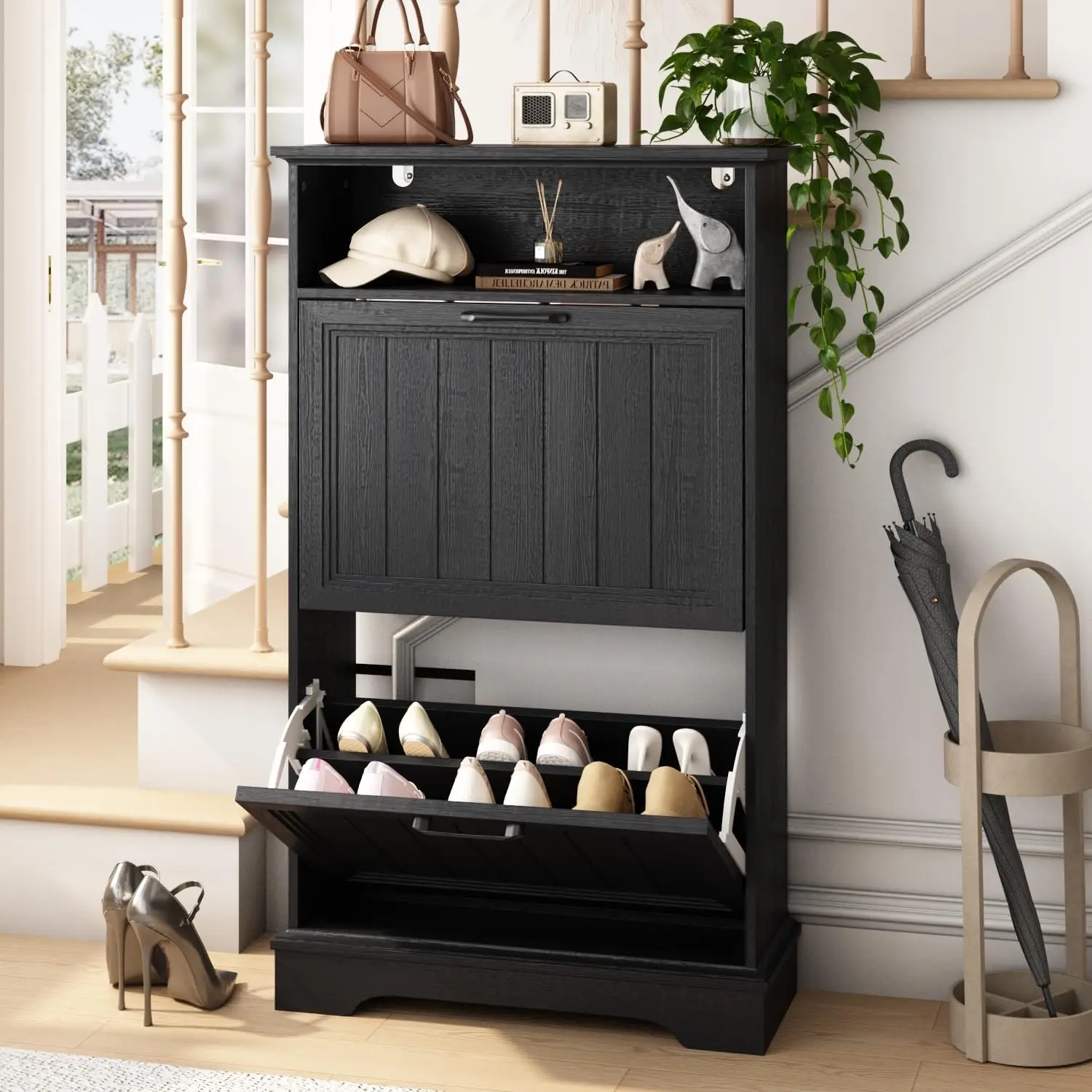

Modern Shoe Cabinet with 2 Flip Drawers & Adjustable Shelves, 24" W Slim Organizer for Entryway, Black