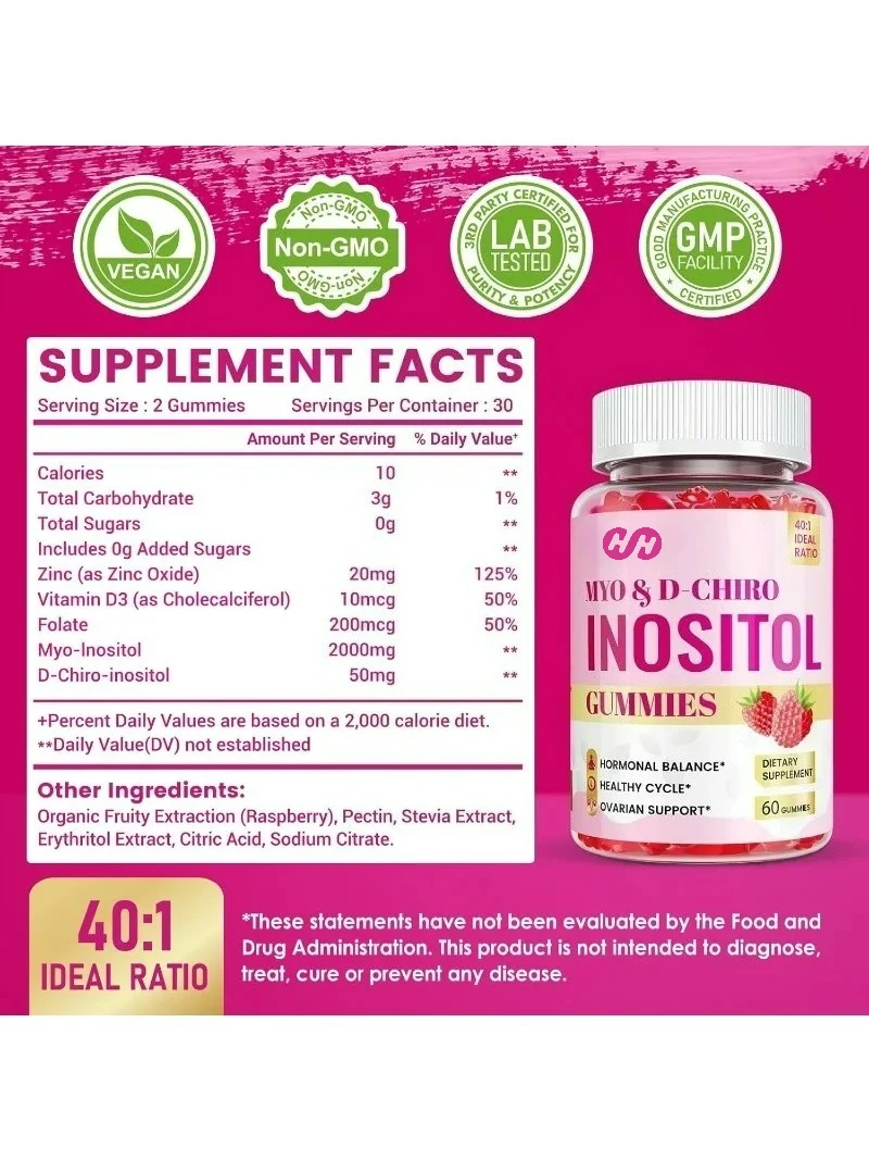 Sugar Free Inositol Gummies Containing Vitamin D3 Folate, 40:1 Female Inositol Supplement, Vegan, 60 Capsules
